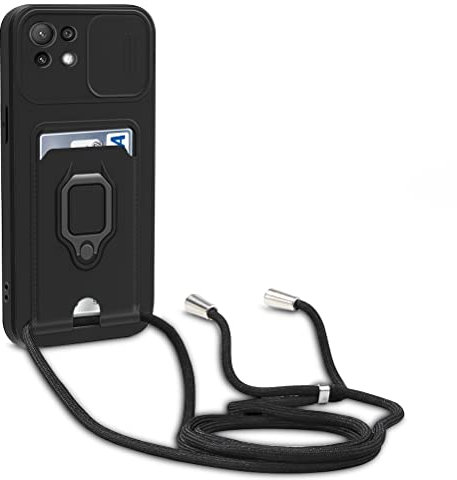 yanasuo Schiebe Kameraschutz Silikon Handykette Hülle kompatibel mit Xiaomi Mi 11 Lite 4G/5G/Mi 11 Lite 5G NE, Metall Ring Halter Handy Cover,Verstellbarer Halskette Handyhülle-Schwarz
