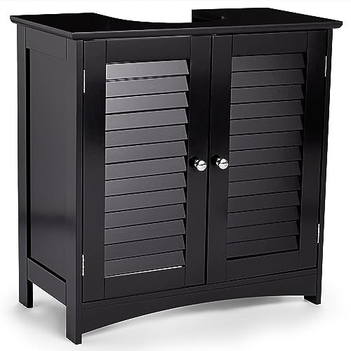 VonHaus Under Sink Bathroom Cabinet – Black Under Sink Storage for Bathroom - Freestanding Under Basin Cabinet with 2 Internal Shelves & Shutter Style Doors – Under Sink Cupboard – Shrewsbury