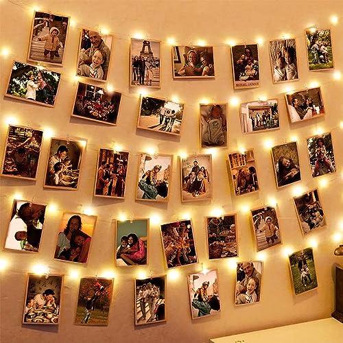 Guirlande Photo, 5M 50 LED 2Modes Guirlande Lumineuse Photo Clip à pile, Blanc chaud Avec 30 Clips & 10 crochets au mur, pour Decoration chambre ado fille, Accroche Photo, Decoration de Fête, Noël