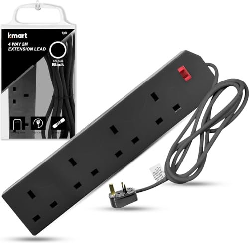 K-MART Heavy Duty Extension Lead UK Pin Plug and Cable, 4 Gang Way 2m Power Adapter, Multi Socket Mains Strip