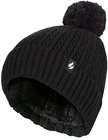 HEAT HOLDERS Damen Thermo Mütze mit Zopfmuster Winter Gestrickt Bommelmütze | Weiche Gerippte Mütze mit Pom Pom (Einheitsgröße, Schwarz)