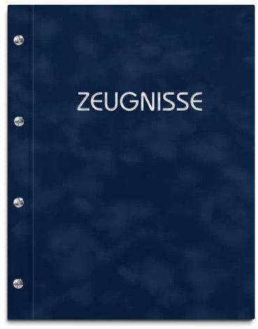 Zeugnismappe im blauen Samteinband mit Prägedruck in verschiedenen Farben – handgefertigte Mappe inkl. 12 Sichthüllen