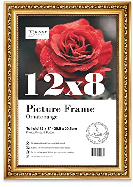 Almost Frameless 12x8 Gold Ornate Picture Frame 12x8(30.5x20.3cm) Poster, Photo, Artwork, or Print. Elegant Style Portrait and Landscape Display with Wall Hooks