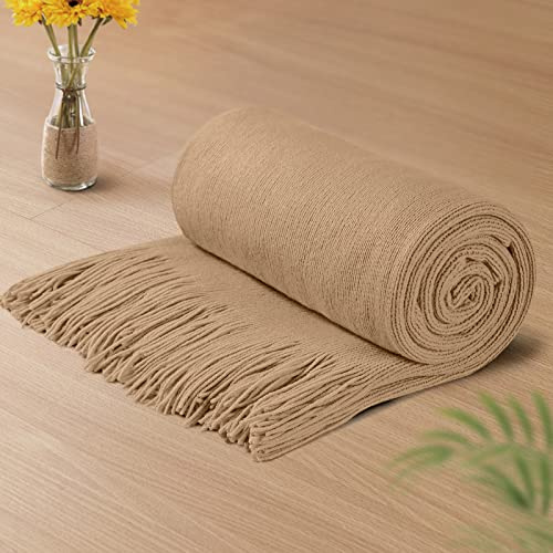 Vonty Hellbraune Strickdecke mit Quasten, Fransen, 152,4 x 203,2 cm, superweiche Strick-Überwurfdecke, Bauernhaus, dekorative, leichte Decke für Couch, Sofa, Bett
