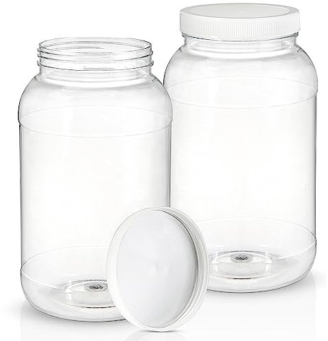 ZOOFOX 2 Pack Plastic Jars with Lids, 1 Gallon Wide Mouth Storage Containers, Empty Plastic Jars for Kitchen & Household Storage of Dry Goods, Peanut, Candy, Noodles