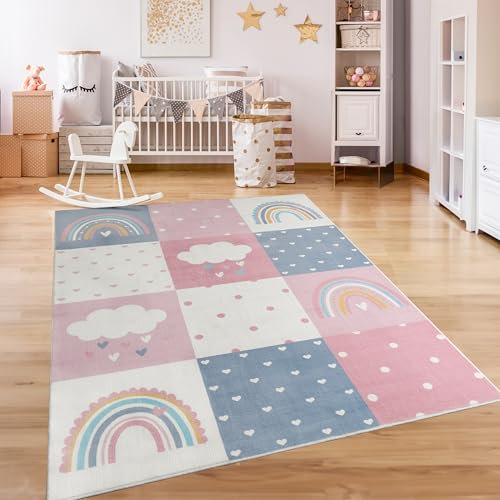Paco Home Teppich Kinderzimmer Kinderteppich Spielteppich Kurzflor rutschfest Krone Herzen Punkte Sonne Regenbogen Buchstaben, Grösse:120x160 cm, Farbe:Grau-Rosa