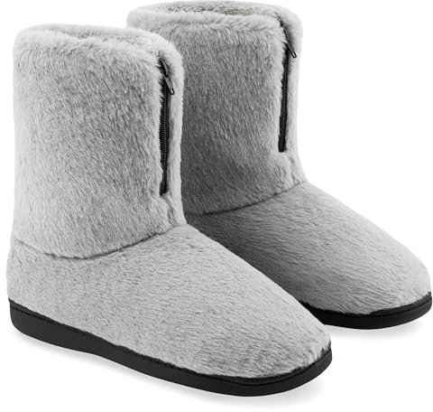 CityComfort Winter Hausschuhe Damen Mit Rutschfester Sohle - Reißverschluss, Größe 36-41, 100% Polyester - Flauschige Hausschuhe Damen (Grau, EU)
