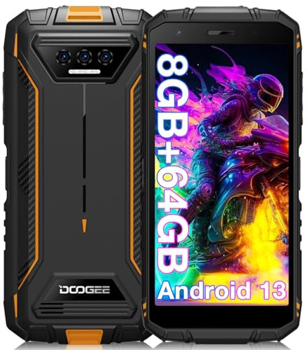 DOOGEE Movil Resistente Agua y Golpes S41T, Android 13, 8GB +64GB, 6300mAh Batería, Telefono Movil Libre 4G, Triple Cámara de 13MP, 5.5 Pulgadas Moviles Antigolpes, NFC/Face ID/GPS, Naranja