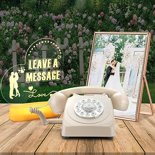 Téléphone à livre d'or audio rétro avec panneau LED et cadre d'image pour message vocal confessionnel pour préserver vos mariages, anniversaires, fêtes de retraite (Beige)