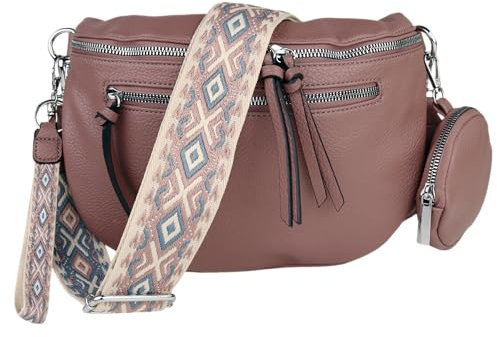MIRROSI® Bauchtasche Damen, Veganleder 30x20x9cm, Umhängetasche, Brusttasche, Crossbody bag, Kunstleder leder, verstellbare Schulterriemen Bohemian Style (Altrosa)