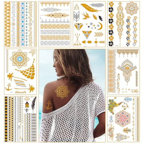 Lot de 8 feuilles de tatouages temporaires au henné, métallisés, dorés, au henné, 80 et plus, motif mandalas, fleurs, mandalas, éléphants, imperméables, non toxiques, durables, pour la plage, les