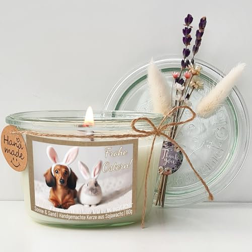 WangsLICHT - Frohe Ostern Duftkerze, Bulldogge Motiv, Holzdocht, Sojawachs, Weckglas, Glasdeckel mit Trockenblumen, Geschenkverpackung (Dackel und Hase, Ohne Duft)