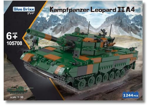 BlueBrixx Pro 105708 – Kampfpanzer Leopard II A4, Bundeswehr aus Klemmbausteinen mit 1244 Bauelementen