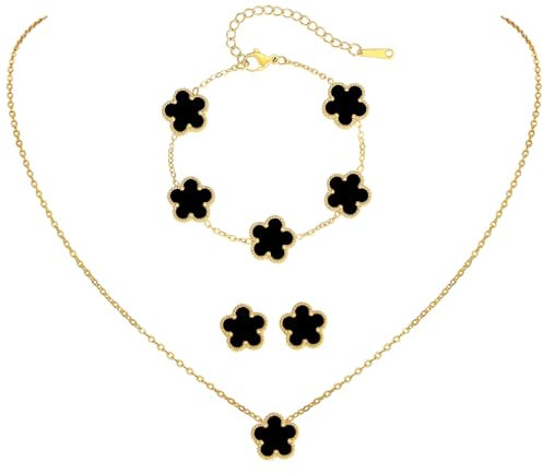 Myrnaist Kleeblatt-Schmuckset mit Blumendesign, vierblättriges Kleeblatt, Halskette für Frauen, Glücksklee-Armband, Ohrringe für Mädchen, 3-teilig, Kleeblatt-Schmuck im Blumenstil, Geschenk (black)