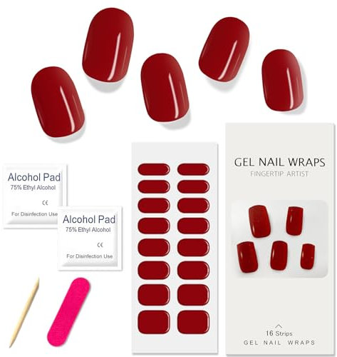 Boloshine 16 Pcs Semi Cured Gel Nail Wraps, Soft Glossy Full Wraps Gel Nail Stickers, Salon-Quality Solid Color French Manicure Stickers, Self-Adhesive Gel Nail Strips UV/LED Lamp Required - Red Wine