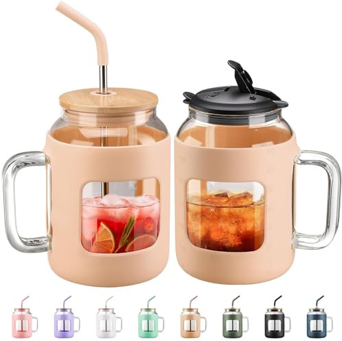 BLUEGO 1500ml Glass Tumbler with Handle and Straw Reusable Glass Tumblers with Lid Glass Coffee Mug with Silicone Sleeve BPA Free 1.5L Glass Water Bottle Leak Proof,Amber