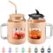 BLUEGO 1500ml Glass Tumbler with Handle and Straw Reusable Glass Tumblers with Lid Glass Coffee Mug with Silicone Sleeve BPA Free 1.5L Glass Water Bottle Leak Proof,Amber