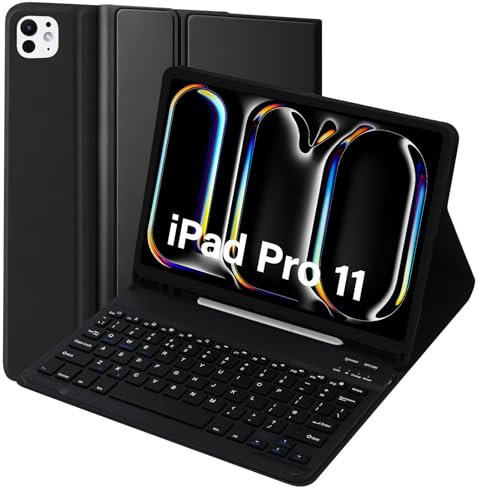 KTOITION Case with Keyboard for iPad Pro 11 2024 (M4) – UK English QWERTY Bluetooth Magnetic Detachable, Slim Protective Cover with Pencil Charging & Ultra-Responsive Keys – Black