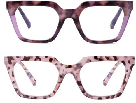 SKYWAY 2 Pack Occhiali da Lettura per Donna, Eleganti Occhiali da Lettura per Computer con Montatura Grande Anti-luce Blu, Occhiali da Donna Quadrati con Cerniera a Molla, Rosa+Viola 2.0