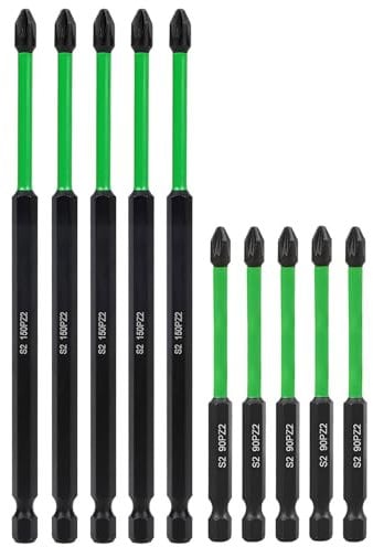 Saipor 10-Piece 90 mm + 150 mm Long PZ2 Magnetic Impact Screwdriver Driver Bits Set, POZI No.2 Screw Driver Drill Bits, S2 Steel Pozidriv Screwdriver Bit Set, 1/4 Inch Hex Shank Impact Driver Bit