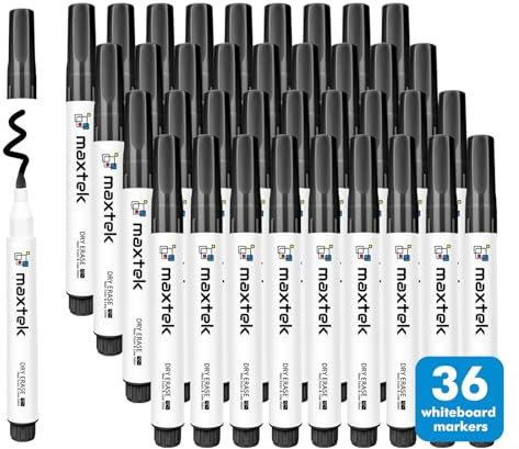 maxtek Whiteboard Marker, 36 Schwarz Whiteboard Stifte Abwischbar, Rundspitze ca. 2mm Linienbreite, Trocken und Rückstandsfrei Abwischbar von Whiteboards, für Schule Büro & Zuhause