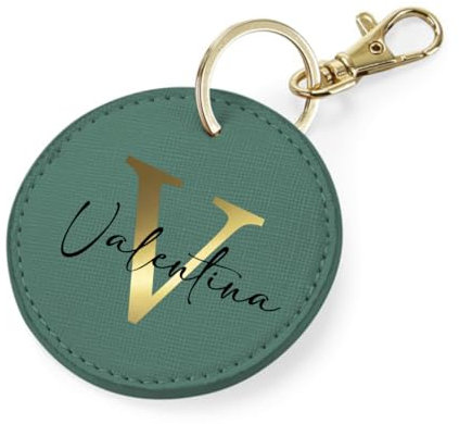 AWASG Schlüsselanhänger rund Buchstabe - Personalisiert mit Name - Taschenanhänger Accessoire mit Ring und Karabiner (dunkelgrün)