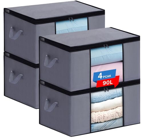 JAECU 4PCS 90L Cajas Almacenaje Ropa, Bolsa Almacenamiento Ropa Plegable con Ventana Transparente, Organizador Armario para Abrigos Mantas Edredones, 60x43x35cm