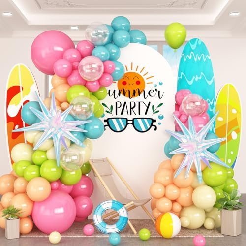 HILAVO Kit de guirlande de ballons tropicaux d'été avec étoiles irisées et ballons transparents bleu sarcelle, rose pastel, orange, jaune, vert citron pour hawaïen, Luau, Aloha, anniversaire, piscine