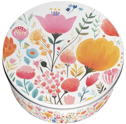 Bright Florals Large Cake Tin - Colourful Flowers Pretty Homeware Gifts Round Metal Storage Container for Baking 23 x 10cm