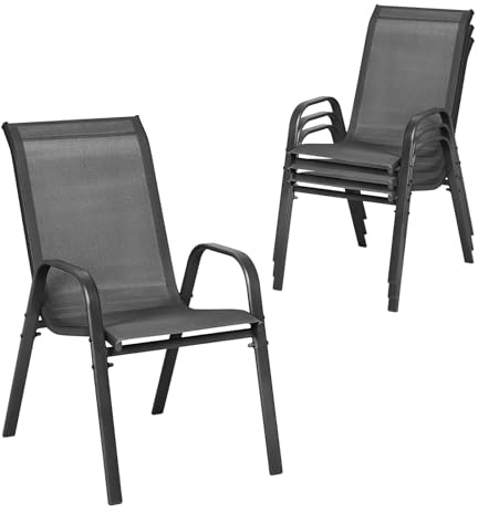 WOLTU Sillas de Jardín, Juego de 4 Sillones Apilables de Exterior, Respaldo Transpirable, Sillas para Terraza Patio Balcón, Estructura de Metal, Gris Oscuro