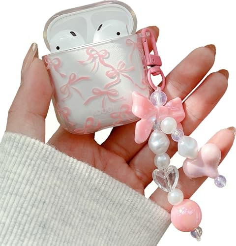 JANDM Transparente Schutzhülle für AirPods mit Schlüsselanhänger, stoßfest, weich, transparent, rosa Schleife, niedliches Design für Damen und Mädchen, Schutzhülle für AirPods der 2. / 1. Generation