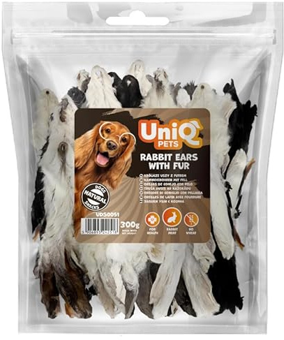 UniQ Pets Hasenohren mit Fell für Hunde Kausnack Kaninchenohren ohne Gluten hypoallergen 300 g Hundesnack für Welpen und Erwachsene