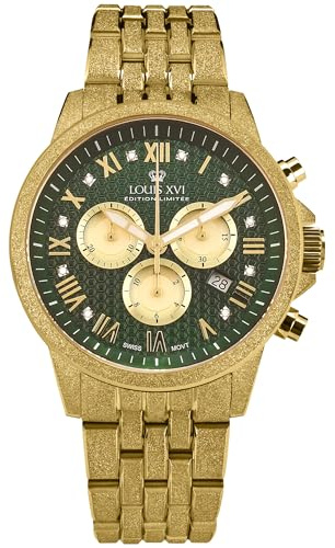 LOUIS XVI Aramis Frosted 2.0 3601 - Ø 43 mm - Herren Uhr - Wasserdicht - Armband Gold - Zifferblatt Imperial Green mit Diamanten - Schweizer Quarzwerk