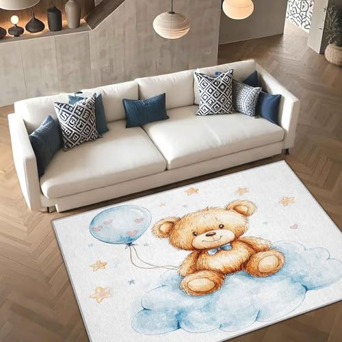 UUZEAI Teddybär-Teppiche fürs Kinderzimmer, Aquarell-Ballon, Sterne und Wolken, rutschfest, waschbar, für Babyzimmer und Schlafzimmer (80 x 120 cm)