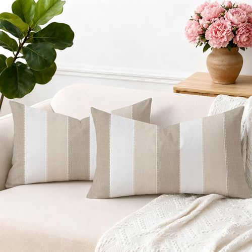 Brylleii 2er Set Kissenbezug Weiss Gestreift Muster 30 x 50 cm Beige Braun Kissenbezüge Moderne Leinen Dekorative Kissen Vintage Sofa Kissenhülle für Wohnzimmer Couch Outdoor Waschbar Bezug