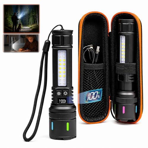 KROKERY Rechargeable LED Torch with Side Light, USB Charging Flashlight with Build-in Battery Super Bright and Light Torch with 7 Modes