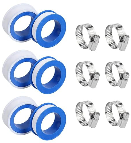 6 Rolls of White Pipe Sealing Tape, 6 Stainless Steel Trachea Clamps, Teflon Tape Set, High Corrosion Resistance and High Temperature Resistance.