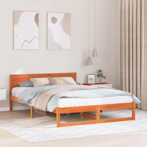 GeenYuu Bettrahmen Wachsbraun 140x200 cm, Massives Kiefernholz Doppelbett mit Lattenrost, Modernes Schlafzimmer Möbel, Langlebig, Einfache Pflege