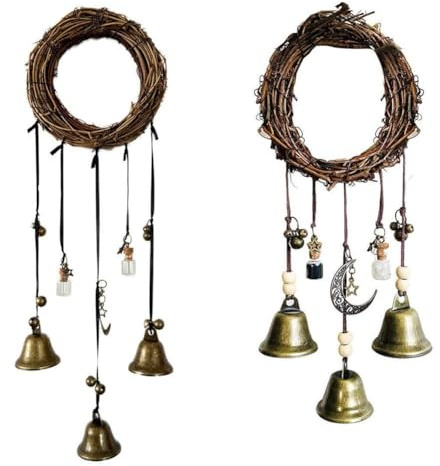 MoSundi Lot de 2 carillons éoliens en rotin avec cloches en cuivre et bouteilles en verre pour portes et balcons, style bohème