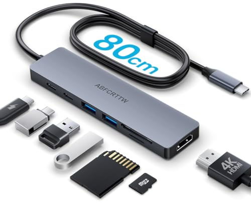 ABFCRTTW 80CM USB C Hub mit HDMI 4K@60Hz, PD 100W Powered für MacBook Neo | 7-in-1 Docking Station USB C mit 2 USB-A & USB-C 3.0 Port, SD & TF Kartenleser für iPad, Surface Laptop, Steam Deck usw.