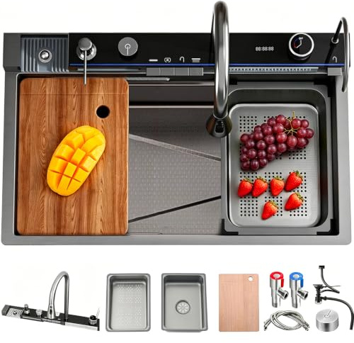 90x50 cm Lavello Cucina 1 Vasca,Lavello Da Cucina A Cascata In Acciaio Inox,Lavandino Cucina Nero Antracite,Lavelli da Cucina Con Rubinetto Estraibile,Sifone,Dispenser Sapone,Lavello Mobile E Tagliere