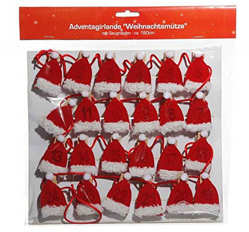 itsisa Adventsgirlande Weihnachtsmütze mit Zahlen auf Wäscheklammern - als Adventskalender Klammern