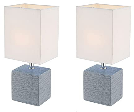 Globo 2er Set Tischleuchten GERI, Fuß Keramik grau, Stoffschirm weiß, Lighting 21676