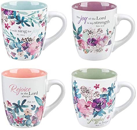 Christian Art Gifts Ceramic Coffee or Tea Mug Set for Women, Rejoice Watercolor Flowers Design Bible Verse Mug Set, Boxed Set of 4 Coffee Cups