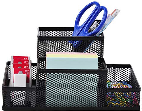 Metal Mesh Desk Tidy Pen Holder Pot Office Organizer 4 Sorter Sections