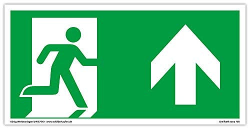Schild Notausgang | extra langnachleuchtend | PVC selbstklebend 297x148mm | gemäß ASR A1.3 DIN 7010 DIN 67510 | Notausgangsschild rechts aufwärts geradeaus| Fluchtweg Rettungsweg | Dreifke® extra 160