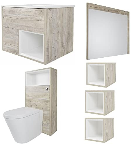 MILANO Oak 810mm Bathroom Vanity WC Units Mirror Cube Storage Units