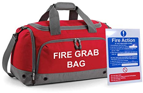 School Evacuation Fire Grab Bag & Fire Action Safety Sign Set - Printed Red Emergency Kit & Documents 30 Litre Holdall Bag with Safety Sign