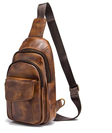 Le’aokuu Herren Echtes Leder Hüfttasche Bauchtsche Brusttasche Crossbody Bag Sling Bag Schultertsche Brustbeutel Freizeit Reisen Outdoor Tasche 8013 (1 8013 A2 Golden)