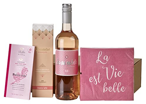 Wein-Geschenkset La vie est belle | 1 Flasche La vie est belle rosé, Zartbitterschokolade, Pralinen und Servietten
